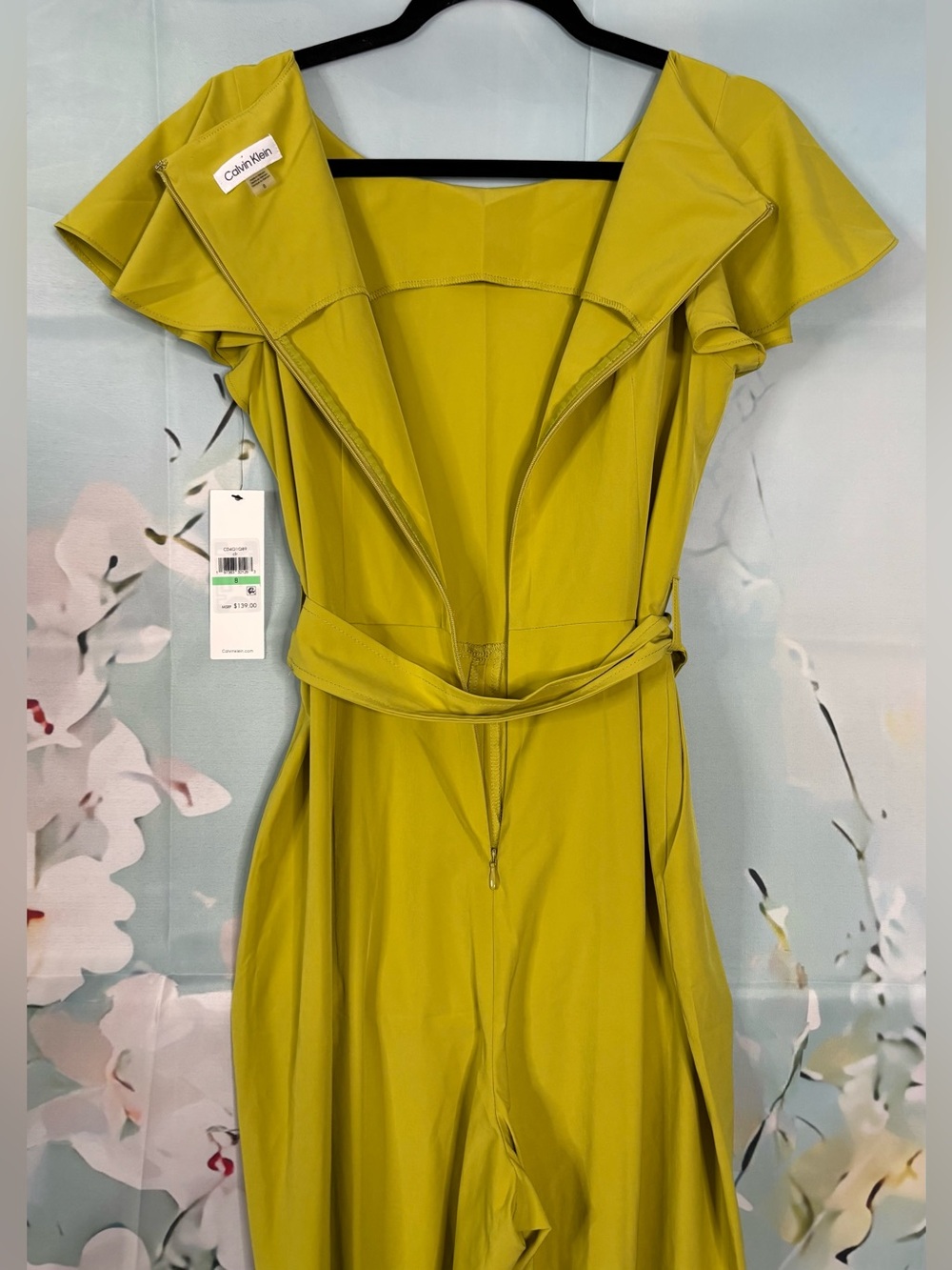 Calvin Klein Chartreuse Yellow Flutter Sleeve Belted Jumpsuit Size 8 NWT - Picture 7 of 16